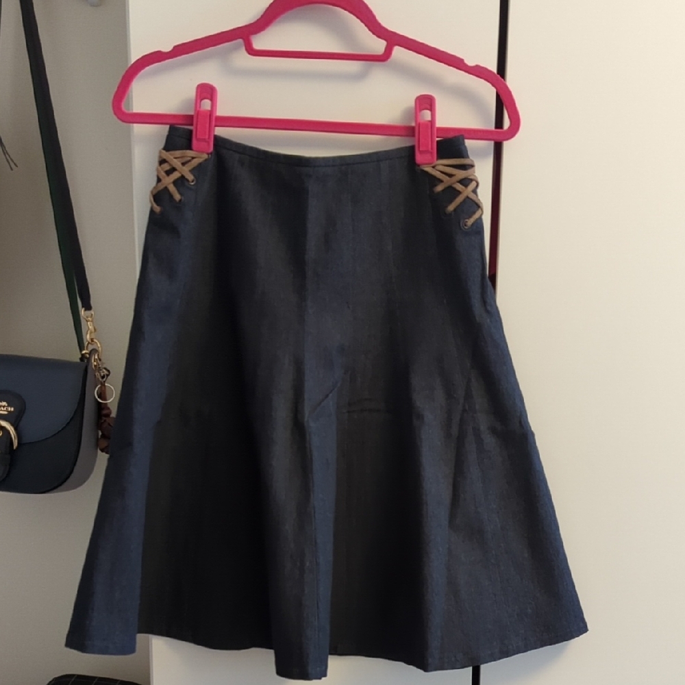 Barbara Bui A-Line Denim Skirt with Brown Accents